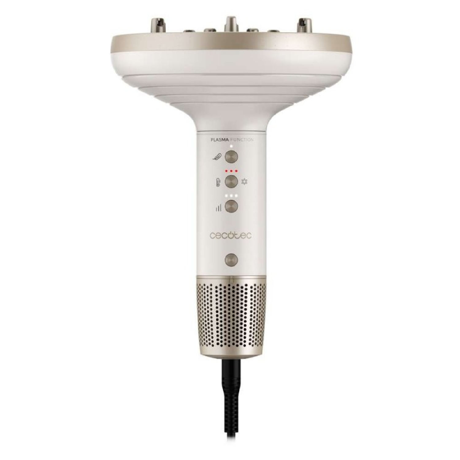 Biała i złota suszarka do włosów. Ma kilka przycisków i perforowaną metalową sekcję. U dołu widoczny jest czarny kabel.