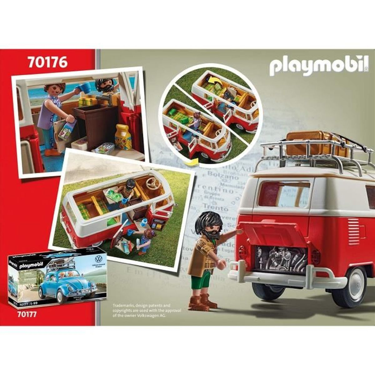 Zestaw Playmobil z czerwono-białym kamperem z figurkami, dodatkowymi obrazami w ramkach i małym niebieskim samochodem.