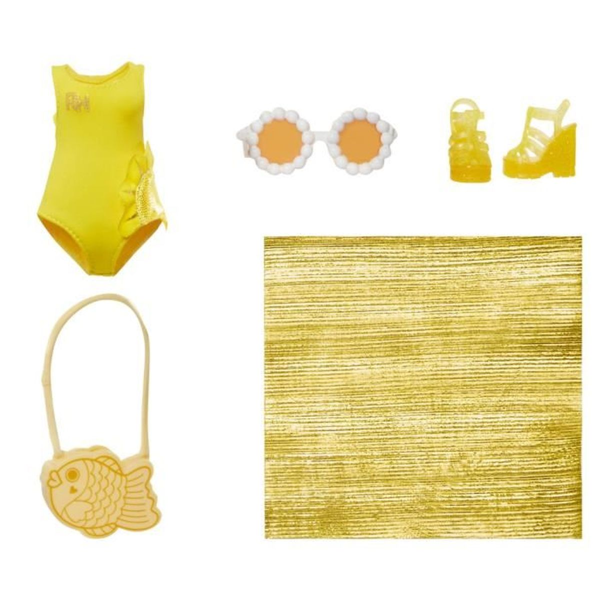 Gelber Badeanzug, Sonnenbrille, Sandalen, Fisch-Geldbörse auf gelbem Hintergrund. Zubehör für eine Puppe.