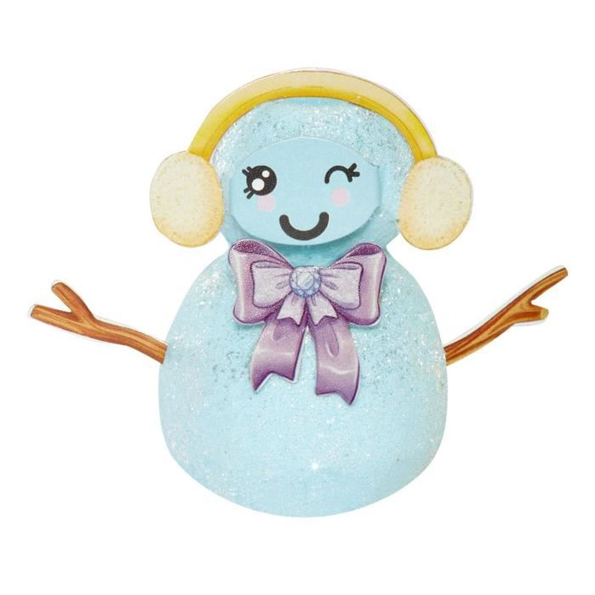 Ein süßer Schneemann mit hellblauem Körper, gelben Ohrenschützern und einer lila Schleife. Er hat braune Arme und ein zwinkerndes Gesicht.
