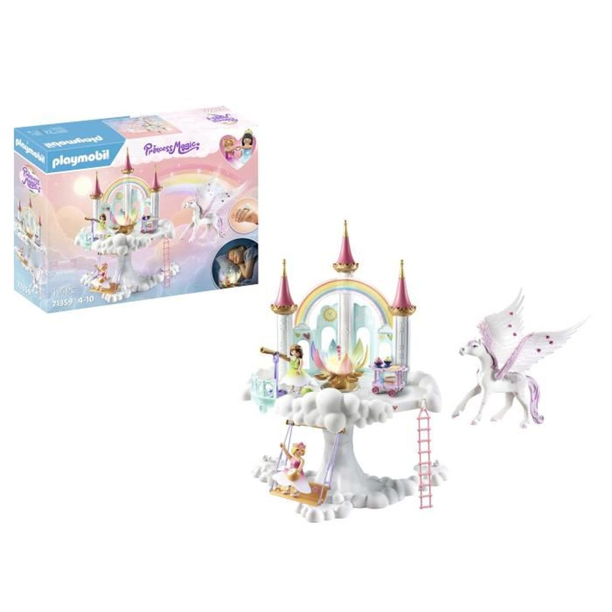 Playmobil Princess Magic: castello sulle nuvole, pegaso, personaggi, scatola con immagini. I colori rosa, bianco e arcobaleno dominano la scena.