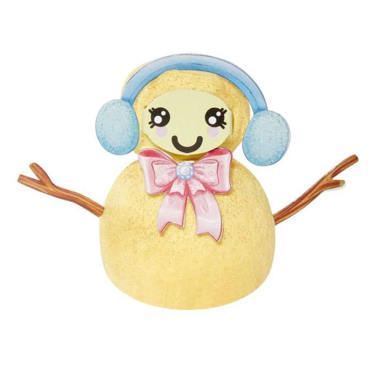 Żółty bałwan ze słuchawkami w kolorze niebieskim, różową kokardą i patykowatymi ramionami. Ma uśmiechniętą twarz.