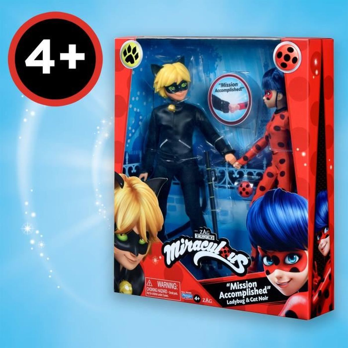 Ein Miraculous Ladybug und Cat Noir Spielzeugset in einer roten Box. Cat Noir und Ladybug Figuren sind innen, zusammen mit Kunstwerken.