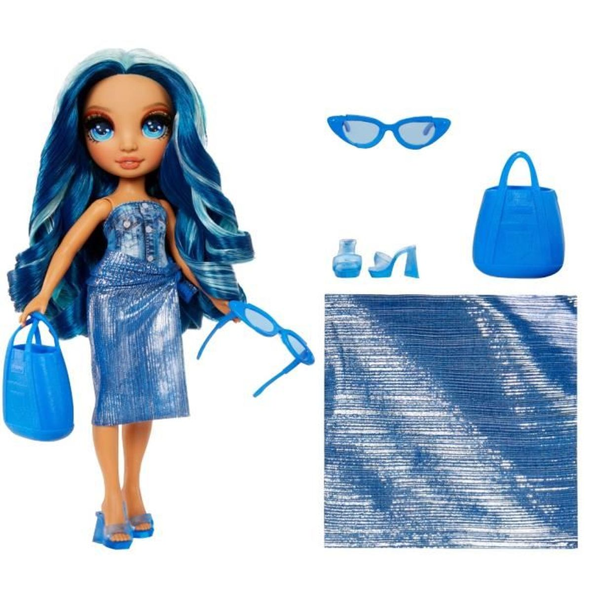 Una muñeca con cabello y vestido azules, sosteniendo un bolso azul y gafas de sol. También se muestran varios accesorios azules.