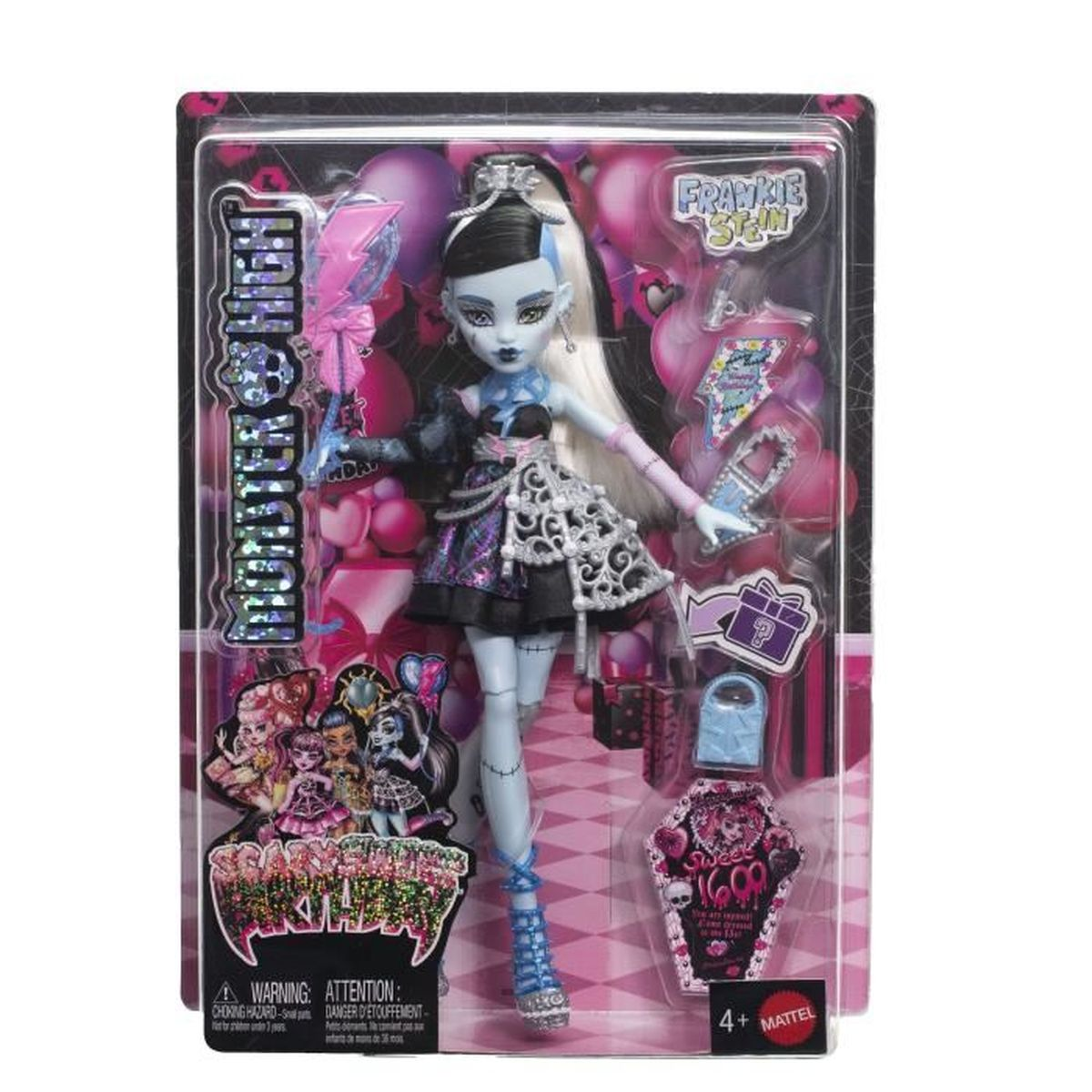 Muñeca Frankie Stein en paquete. Tiene cabello negro y blanco, piel azul y viste un vestido negro y plateado.
