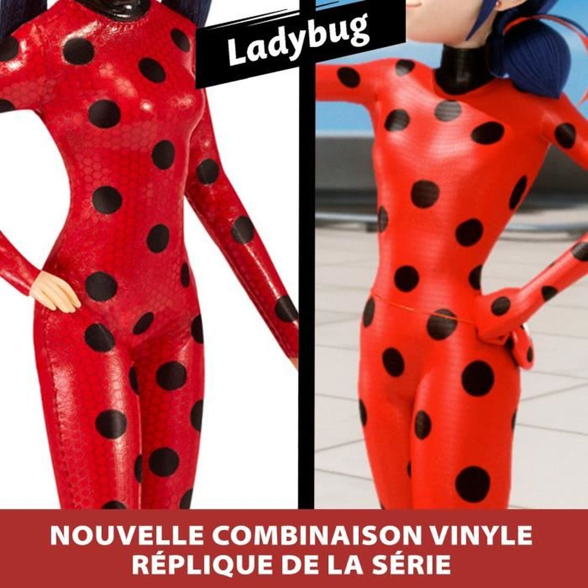 Zwei Figuren von Ladybug in rotem Anzug mit schwarzen Punkten. Eine ist eine Puppe, die andere ein CGI-Bild. Text unten auf Französisch.