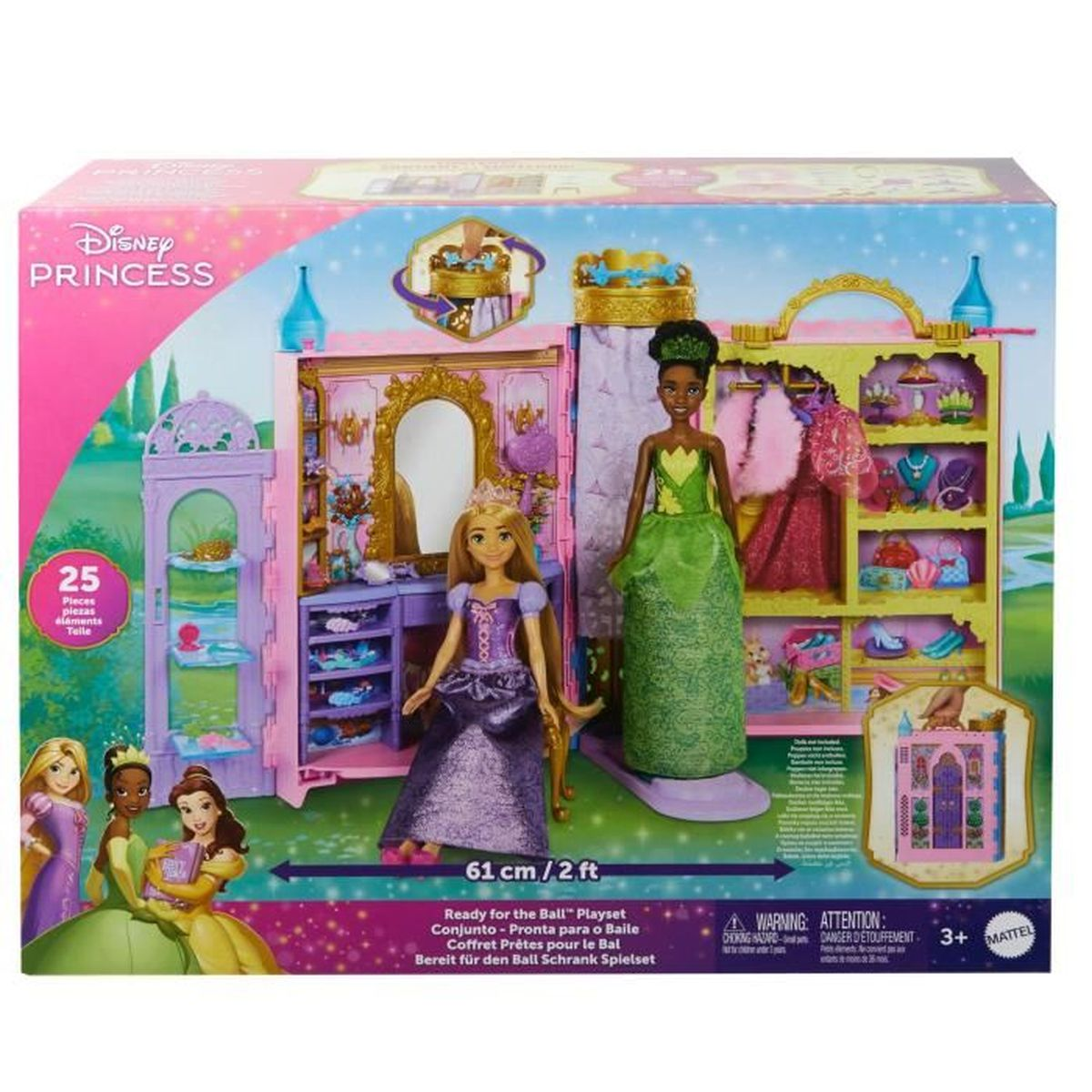 Eine Disney Princess Spielset-Box. Sie zeigt zwei Puppen, Rapunzel in lila und Tiana in grün, sowie ihr Spielhaus.