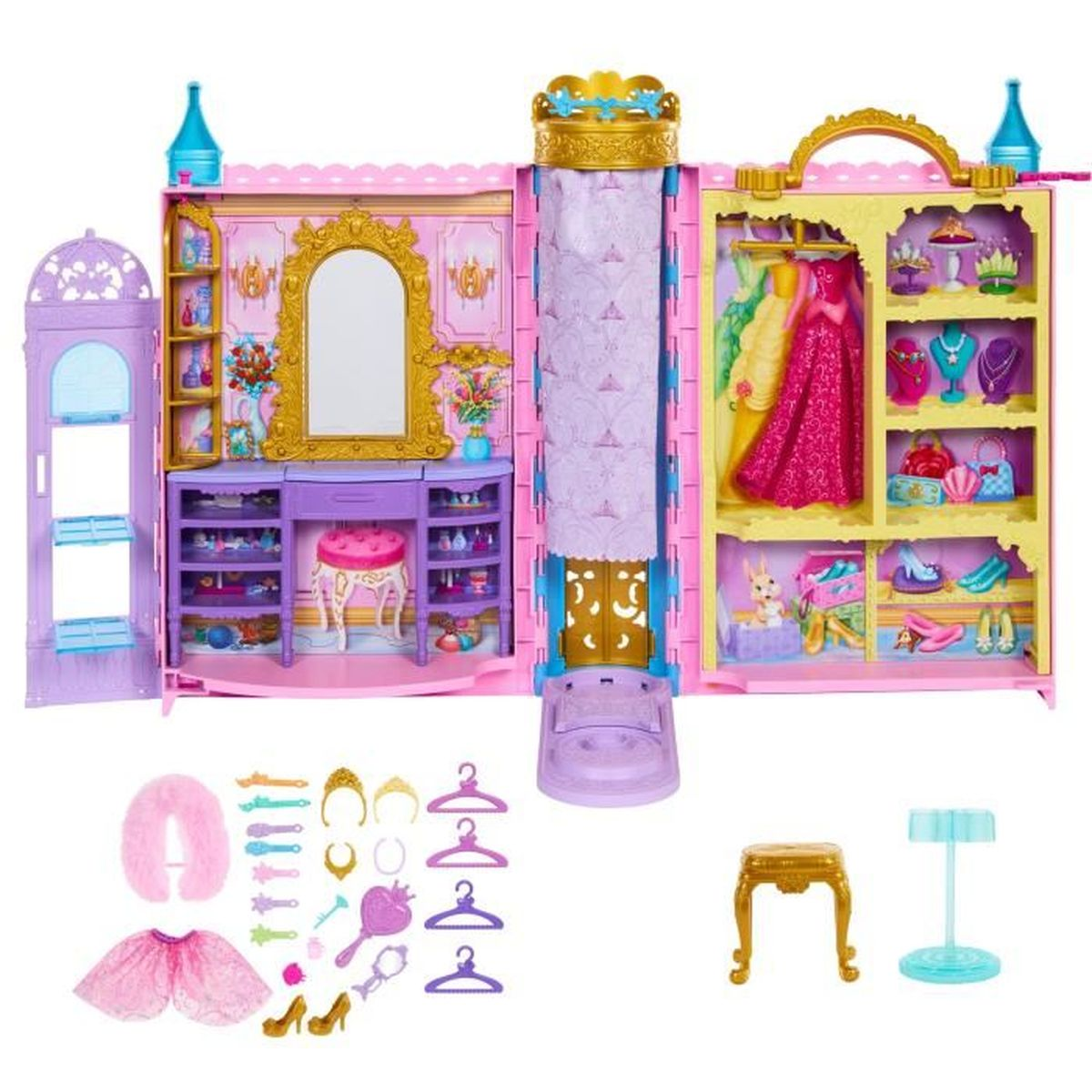 Ein rosa Spielzeugschloss mit Ankleidezimmer, Kleiderschrank und Zubehör wie Fellkragen, Kleiderbügel und Schuhe.