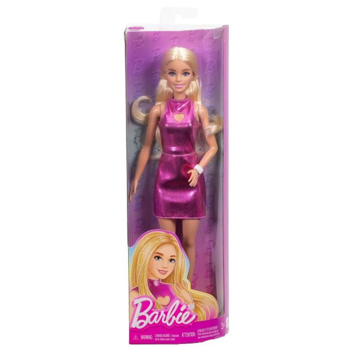 Barbie-Puppe in einem pinkfarbenen Kleid, in einer durchsichtigen Plastikbox. Blondes Haar, lächelndes Gesicht. 'Barbie'-Logo unten.