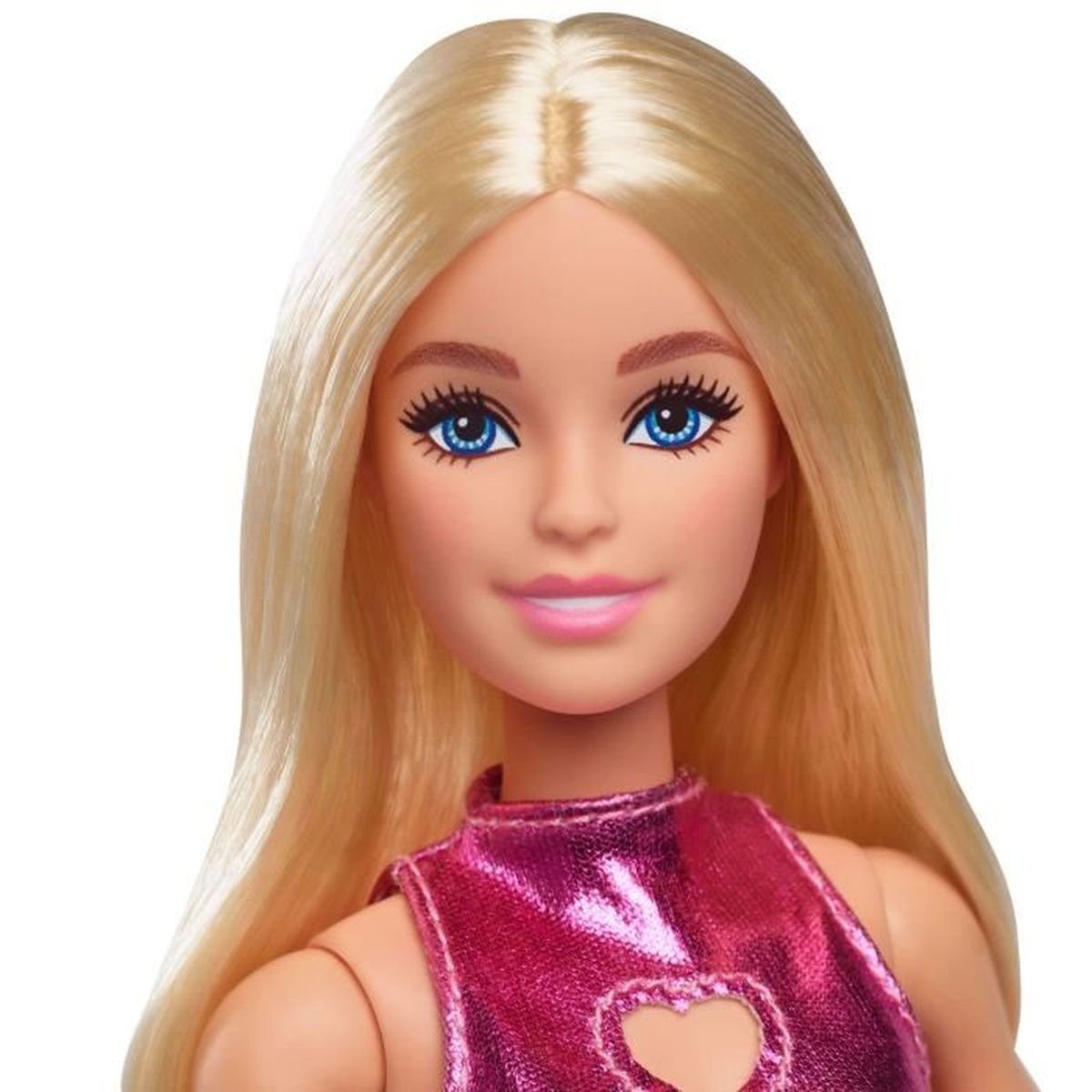 Eine Barbie-Puppe mit langen blonden Haaren, blauen Augen und rosa Lippen. Sie trägt ein rosa Kleid mit herzförmigem Ausschnitt.
