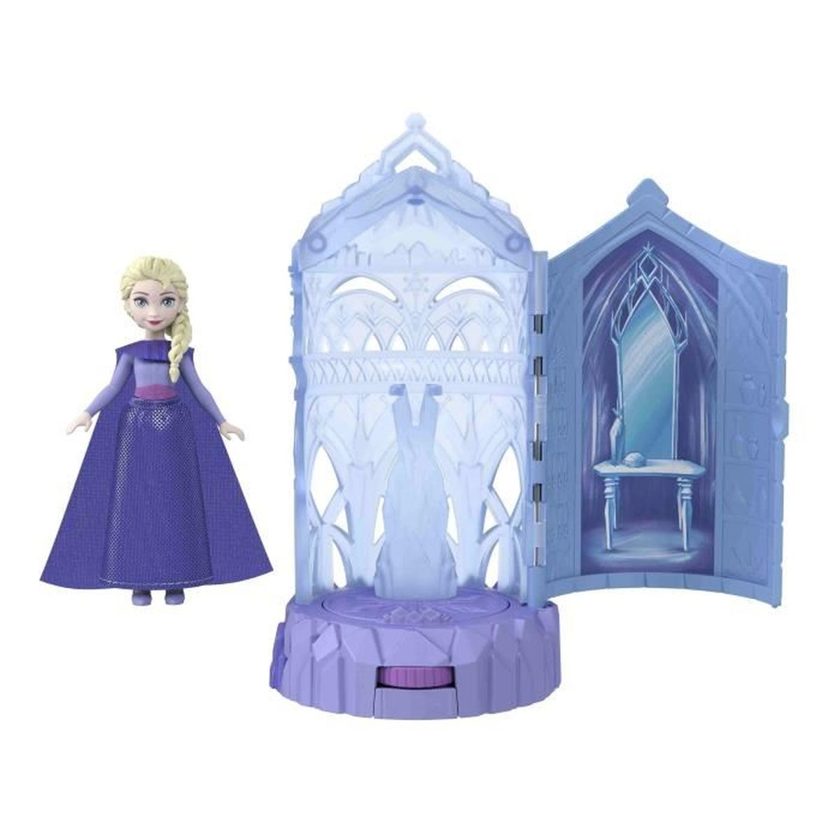 Muñeca Elsa con vestido azul y trenza rubia, junto a un castillo azul abierto con espejo y mesa.