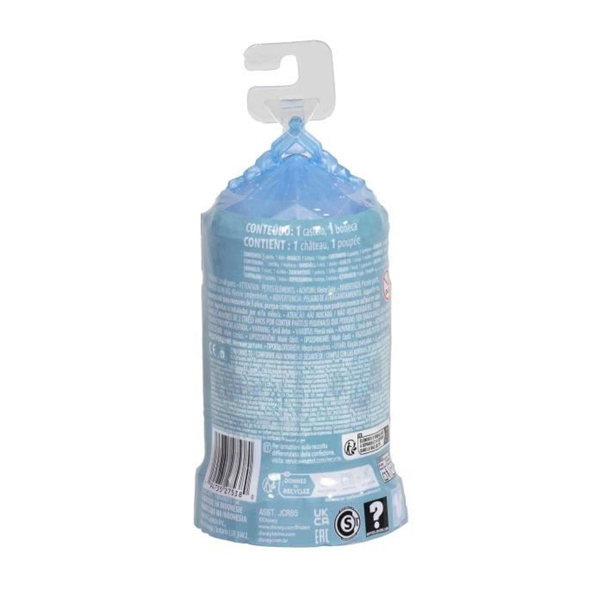 Un recipiente de plástico azul con texto y una percha. Dice: 'CONTEUDO: 1 castmo, 1 boneca' y 'CONTIENT: 1 château, 1 poupée'.