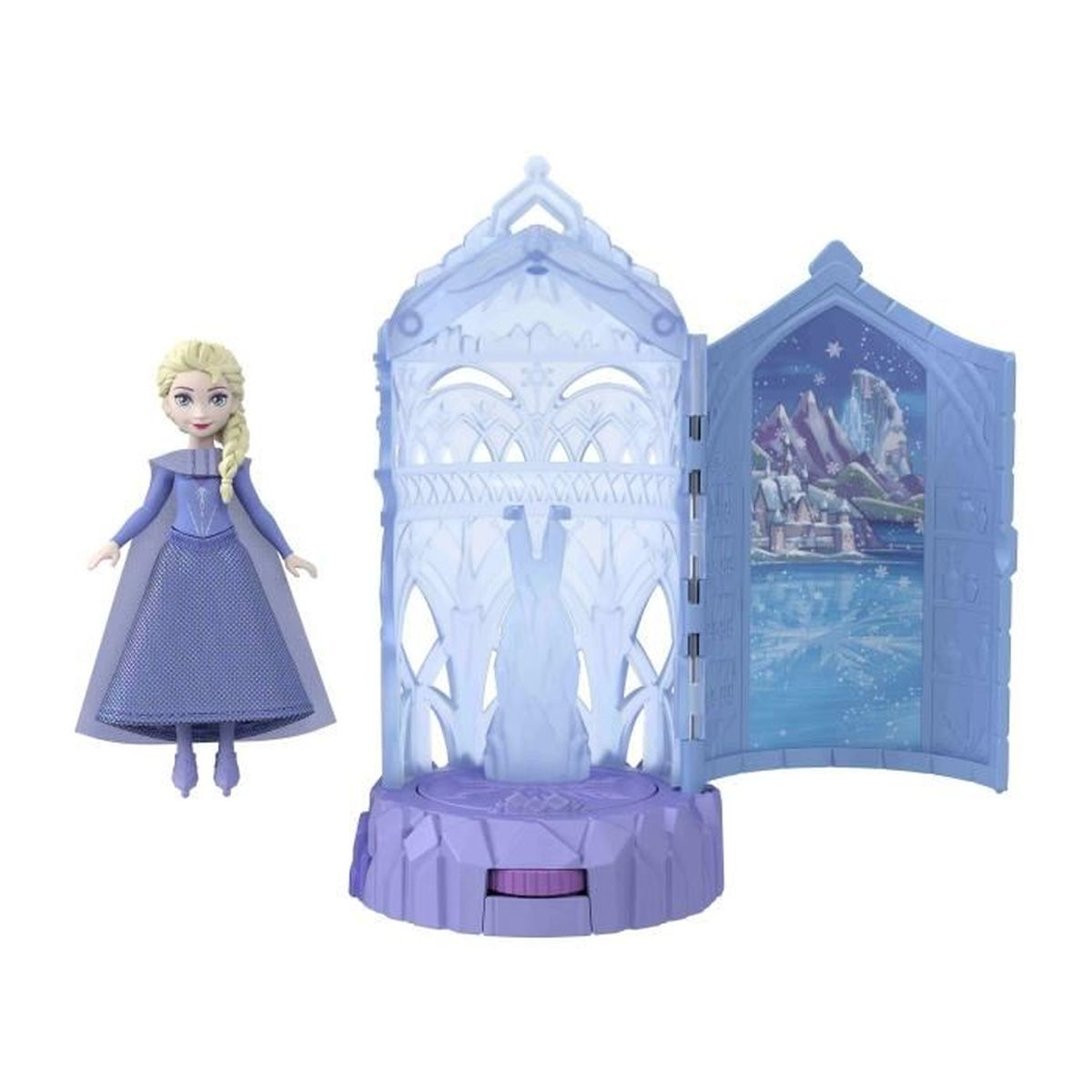 Muñeca Elsa junto a un juego abierto, azul, parecido a un castillo. El juego muestra una escena de castillo congelado y detalles de hielo.