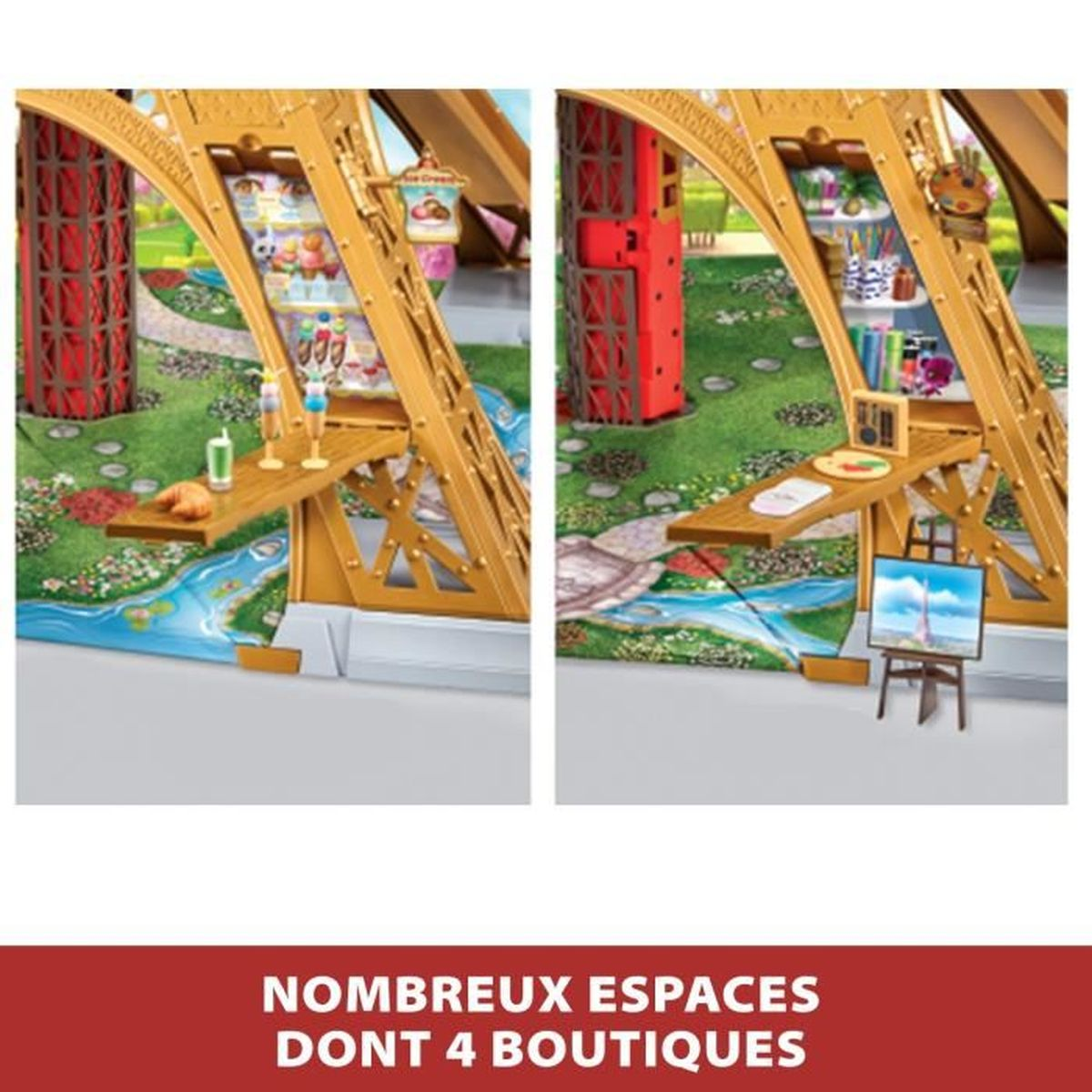 Ein Spielzeugset mit Geschäften und Strukturen. Enthält Tische mit Essen und Kunstmaterialien, vor einem grünen, parkähnlichen Hintergrund.