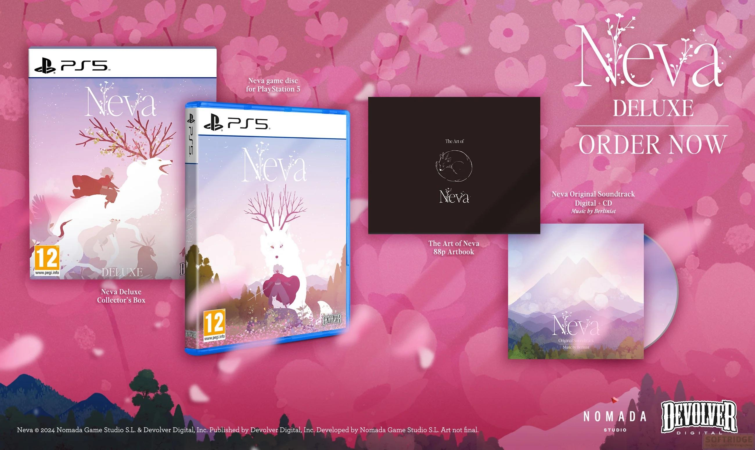 Spielbox und CD-Set mit dem Titel Neva, mit einer weißen wolfsähnlichen Kreatur und einer Person.