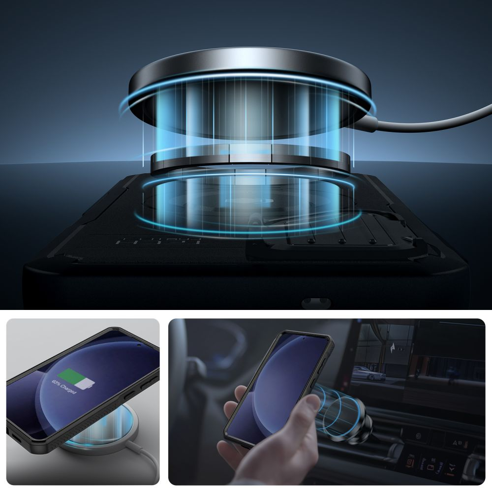 Ein Telefon, das drahtlos aufgeladen wird. Das Bild zeigt ein kabelloses Ladegerät, ein Telefon, das auf dem Ladegerät geladen wird, und ein Telefon im Auto.