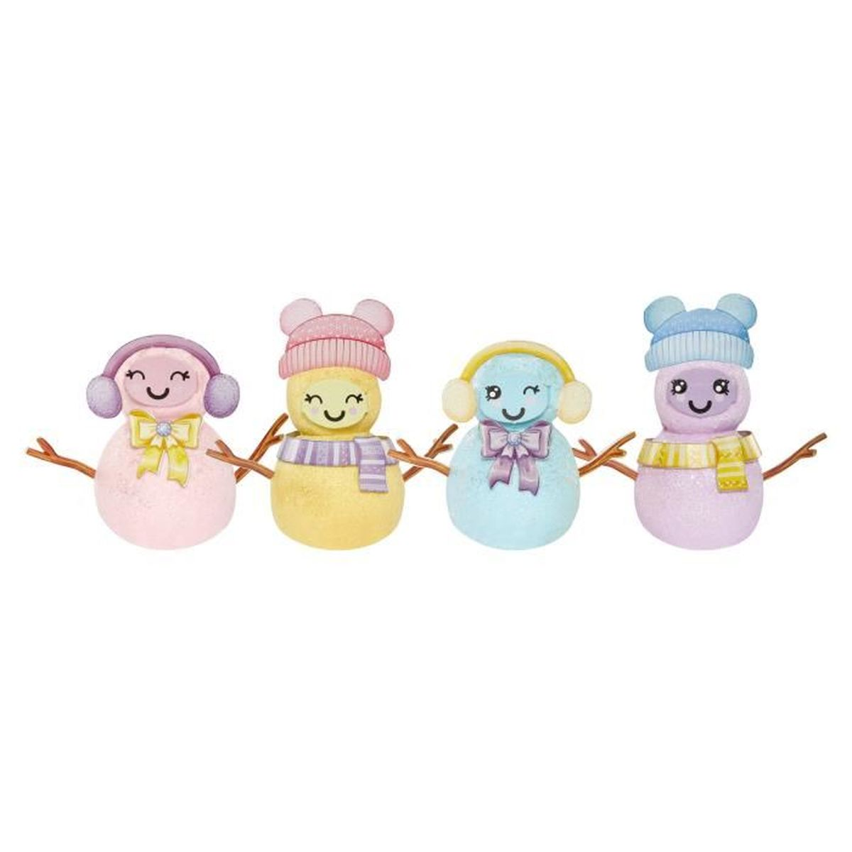 Czterech kolorowych bałwanów z czapkami, szalikami i patykowymi ramionami. Każdy ma szczęśliwą twarz. Różowe, żółte, niebieskie i fioletowe bałwany w rzędzie.