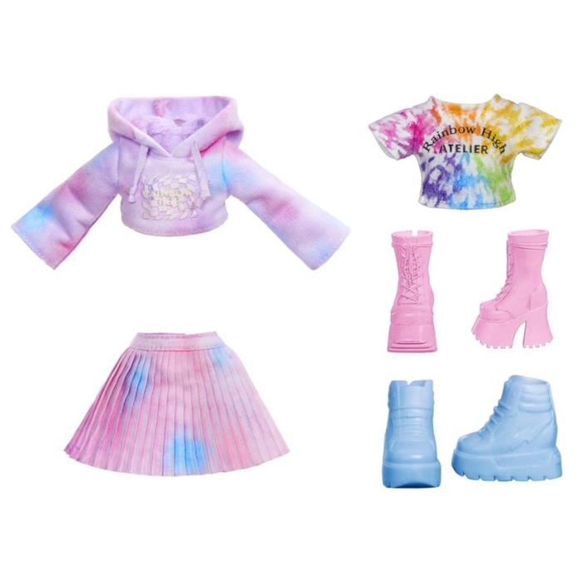 Ein Puppenoutfit mit Batik-Hoodie, Hemd, plissiertem Rock und pinken und blauen Stiefeln.