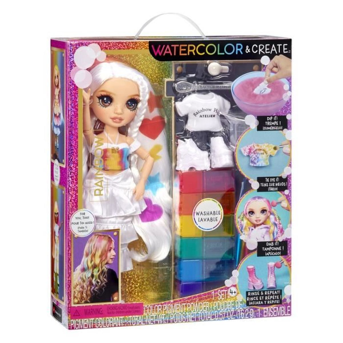 Ein Rainbow High Puppen-Set. Es enthält eine Puppe, Kleidung und Farbpigmentpulver. Es dient zum Erstellen von Batik-Effekten.