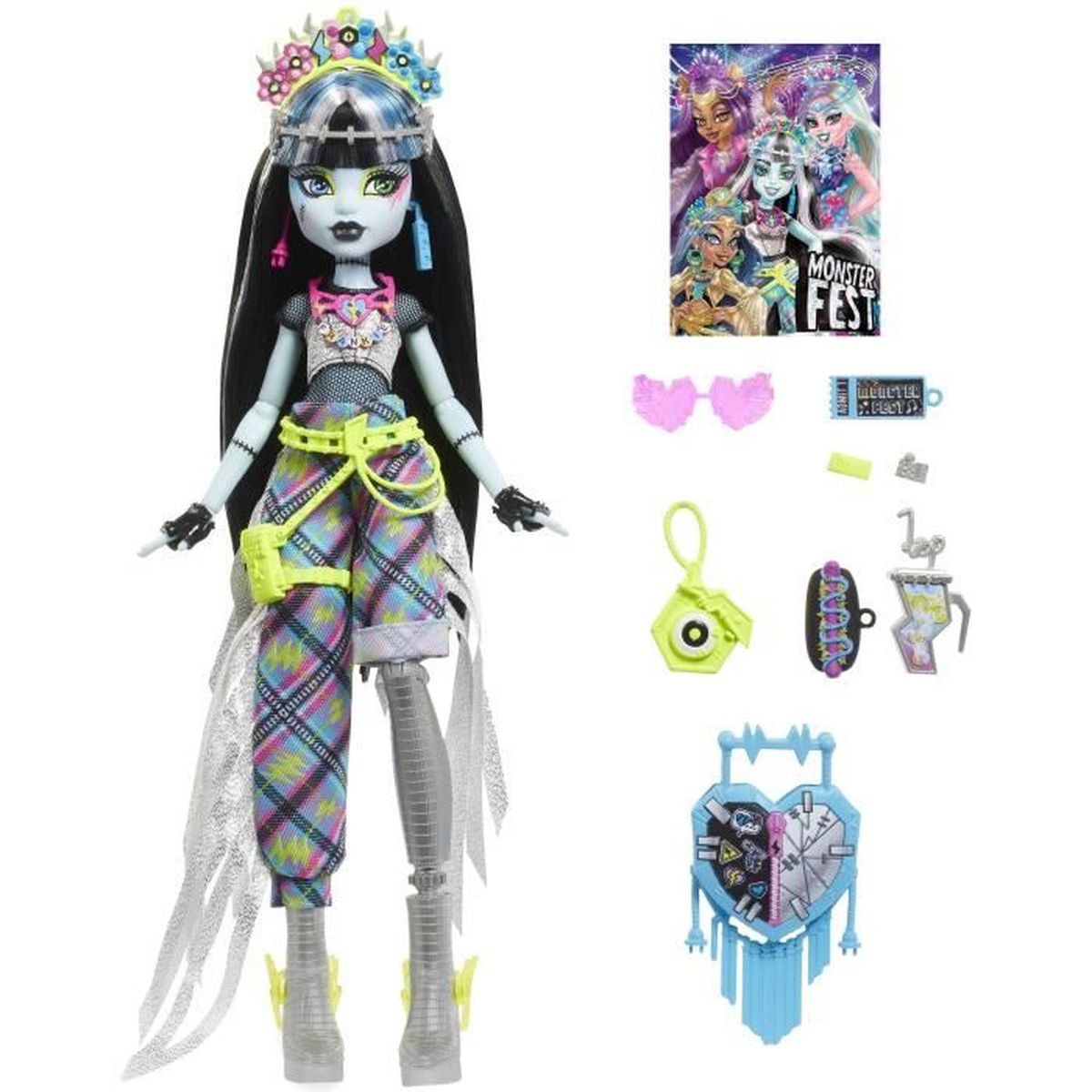 Eine Monster High Puppe mit Zubehör. Die Puppe hat blaue Haut, schwarzes Haar und trägt bunte Kleidung. Verschiedenes Zubehör ist enthalten.