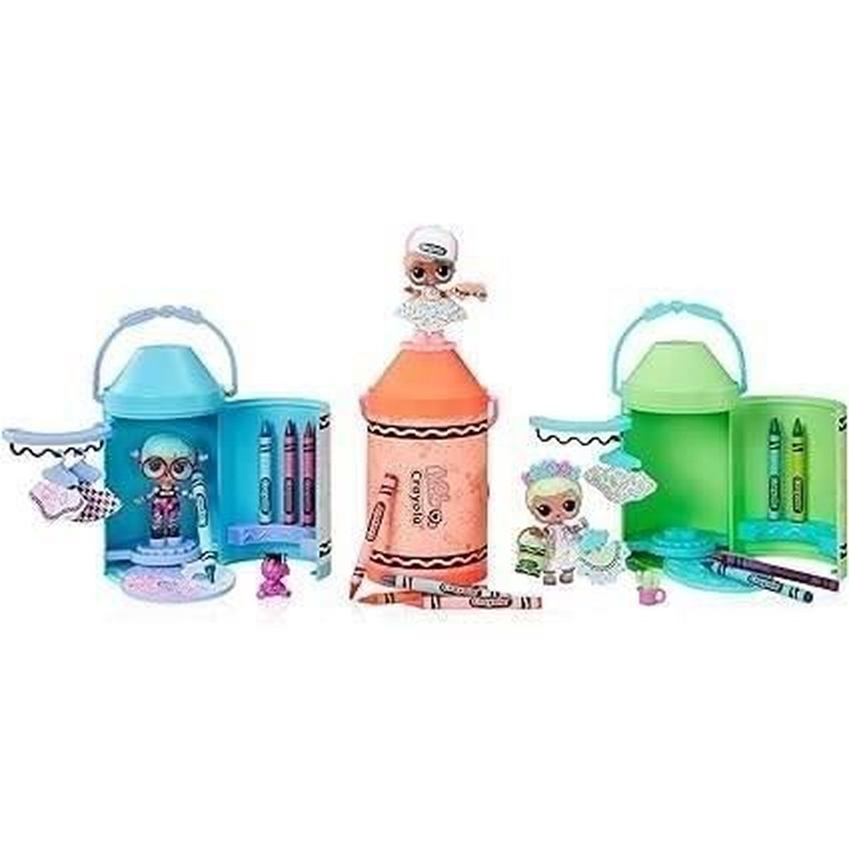 Drei Spielzeugsets mit Puppen und Buntstiften. Das mittlere Set ist orange, flankiert von blauen und grünen Sets. Die Puppen tragen Kleider.