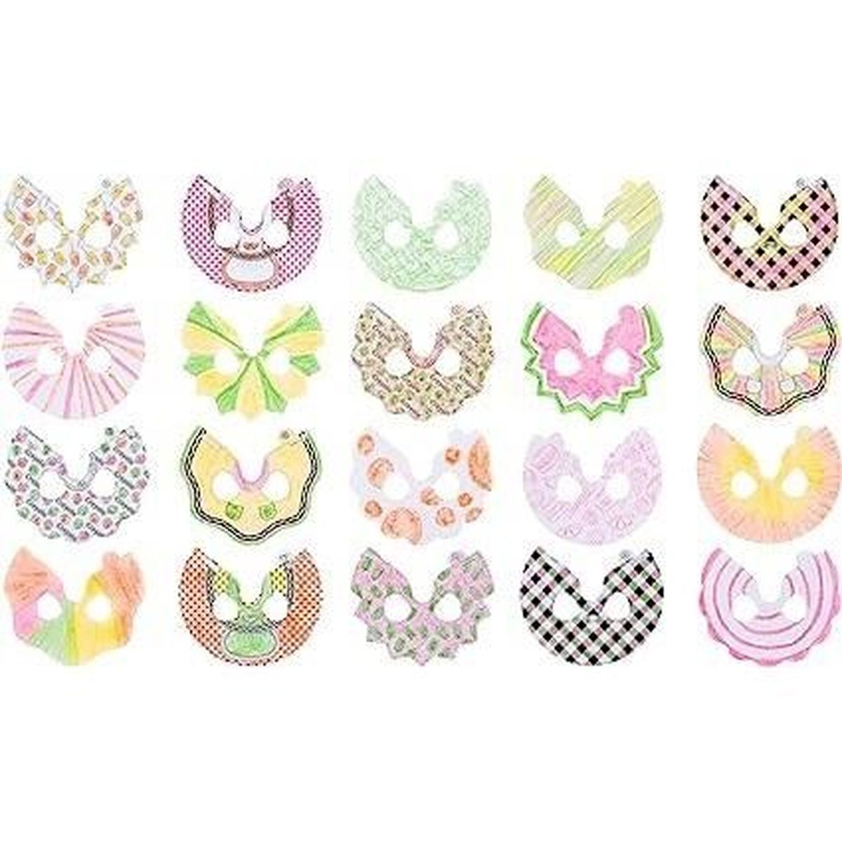 Ein Raster von 20 dekorativen Augenmasken. Jede Maske hat ein einzigartiges Design und Farbschema, einschließlich Mustern wie Punkten und Karos.