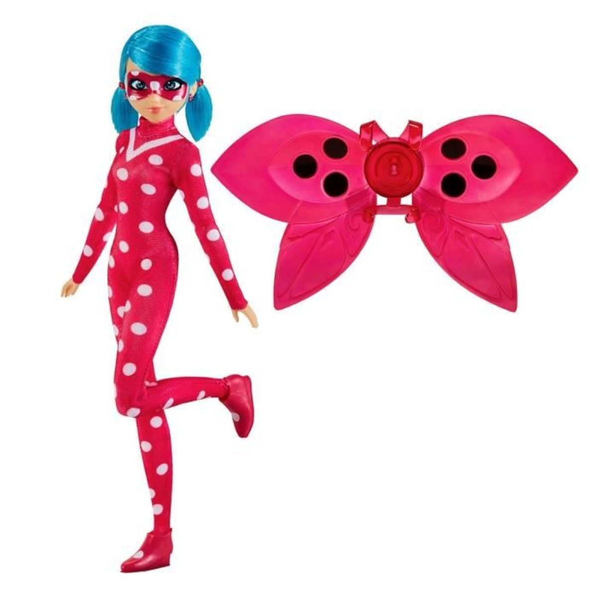 Puppe in rotem Polka-Dot-Anzug, blauem Haar, Maske und Flügeln. Puppe im Marienkäfer-Design.