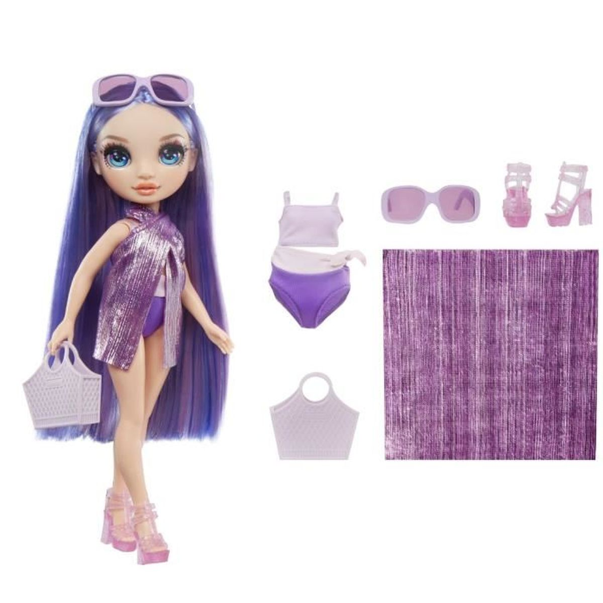 Muñeca con pelo morado, gafas de sol y accesorios. Incluye ropa, zapatos, bolso y fondo morado texturizado.