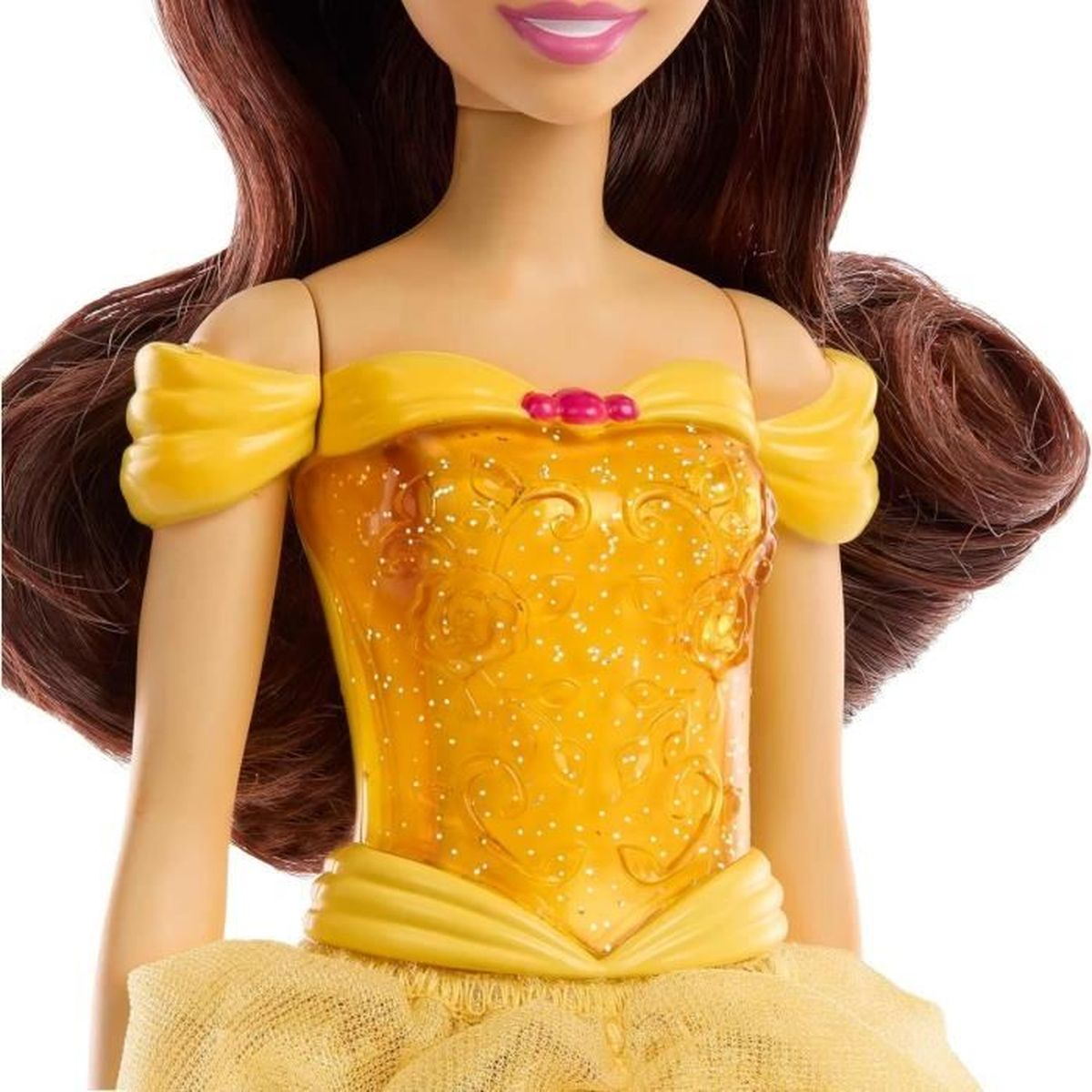 Eine Puppe von Belle in einem gelben Kleid. Ihr braunes Haar ist offen. Ihr Kleid hat glitzernde Details und rosa Akzente. Sie lächelt.