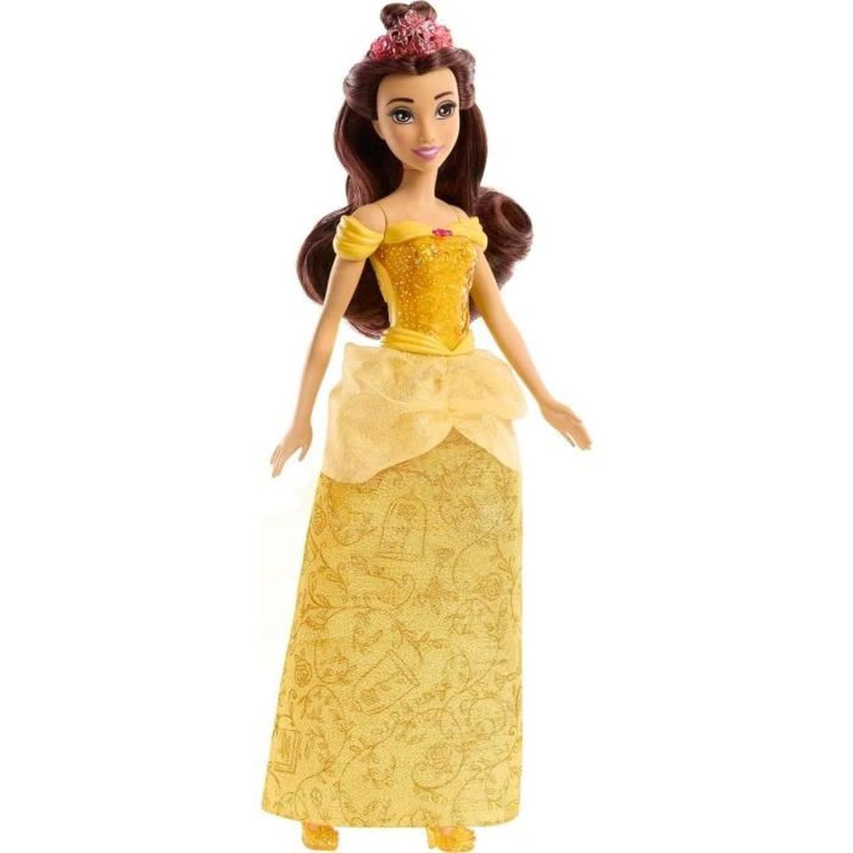 Eine Puppe von Belle aus Die Schöne und das Biest. Sie trägt ein gelbes Kleid, hat braune Haare und eine rosa Tiara.
