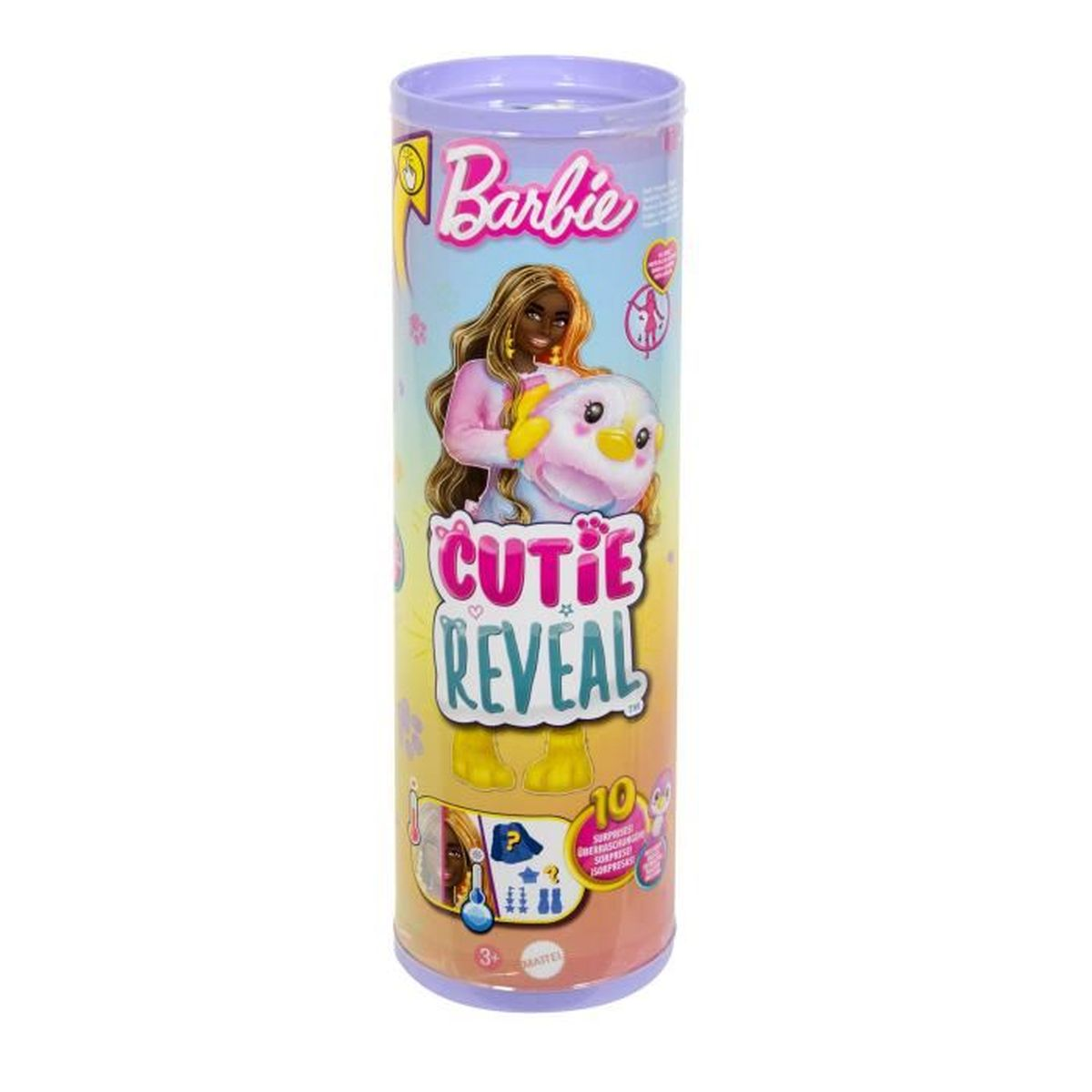 Opakowanie lalki Barbie Cutie Reveal. Cylinder z logo Barbie, wizerunek lalki i pingwina. Tekst: Cutie Reveal. 10 niespodzianek.