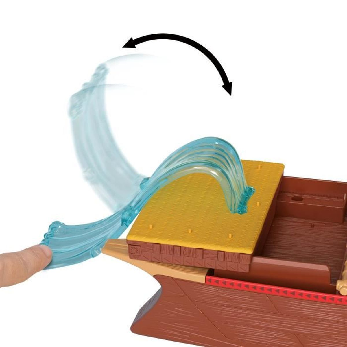 Zabawkowa łódź z żółtym pokładem, brązowym kadłubem i niebieskim efektem wody. Ręka ma włączyć wodę.