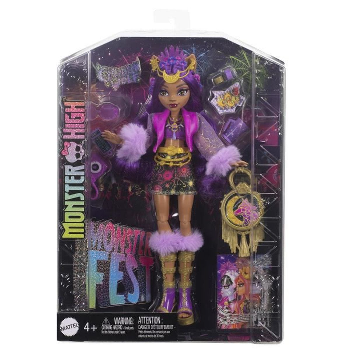 Una muñeca Monster High en un paquete. La muñeca tiene cabello morado y una chaqueta rosa, dentro de una caja de plástico, con accesorios.