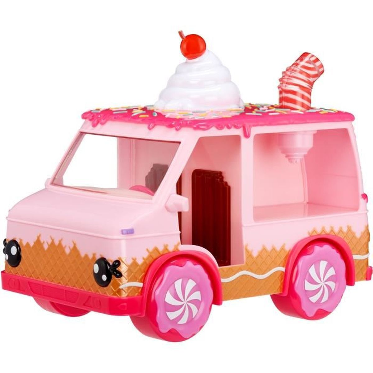 Ein rosa Spielzeug-Eiswagen mit Kirsche. Er hat Waffelwaben-Details und Bonbonräder. Das Dach hat Streusel.