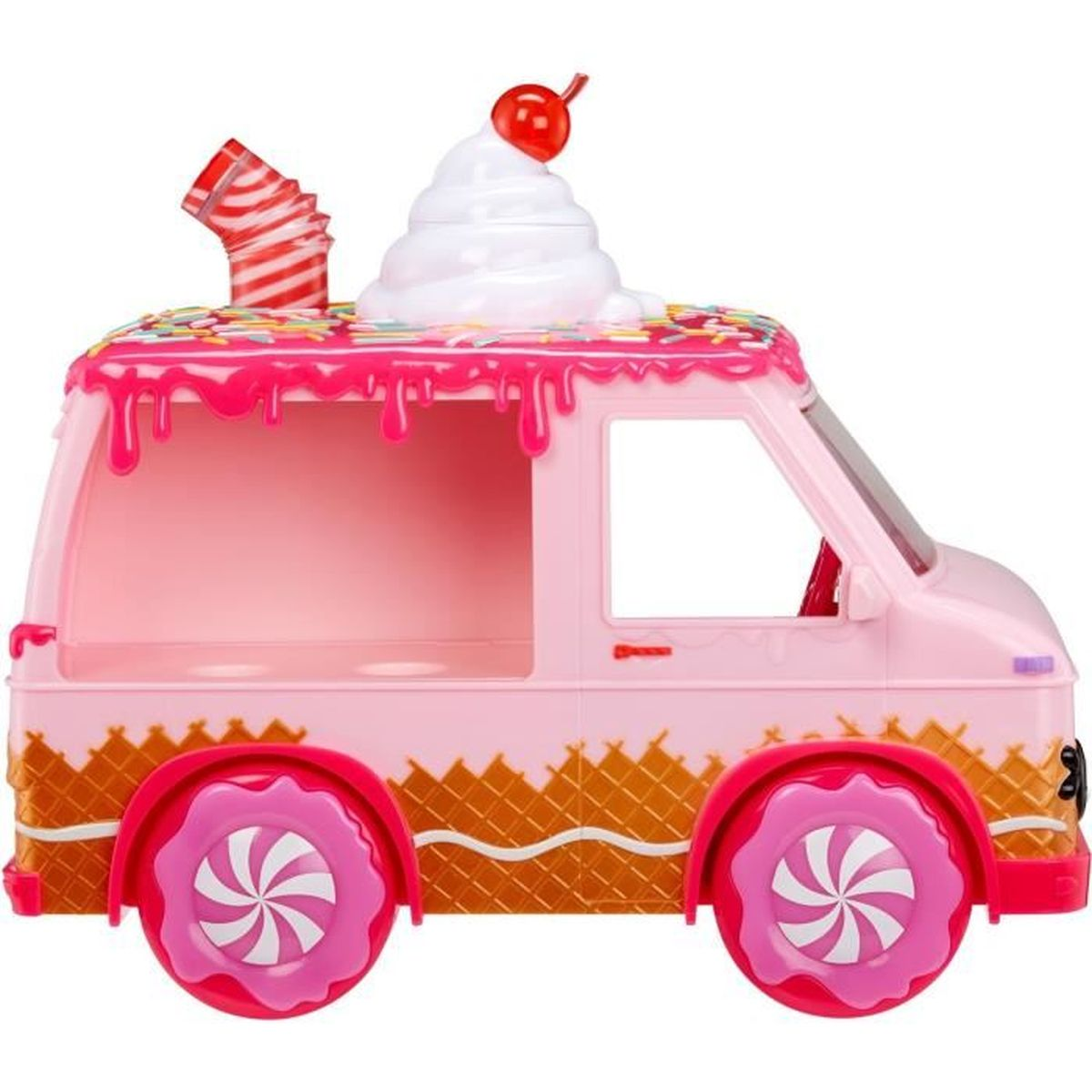 Ein rosafarbener Spielzeug-Eiswagen mit Kirsche. Er hat ein Waffelmuster und bonbonartige Räder.