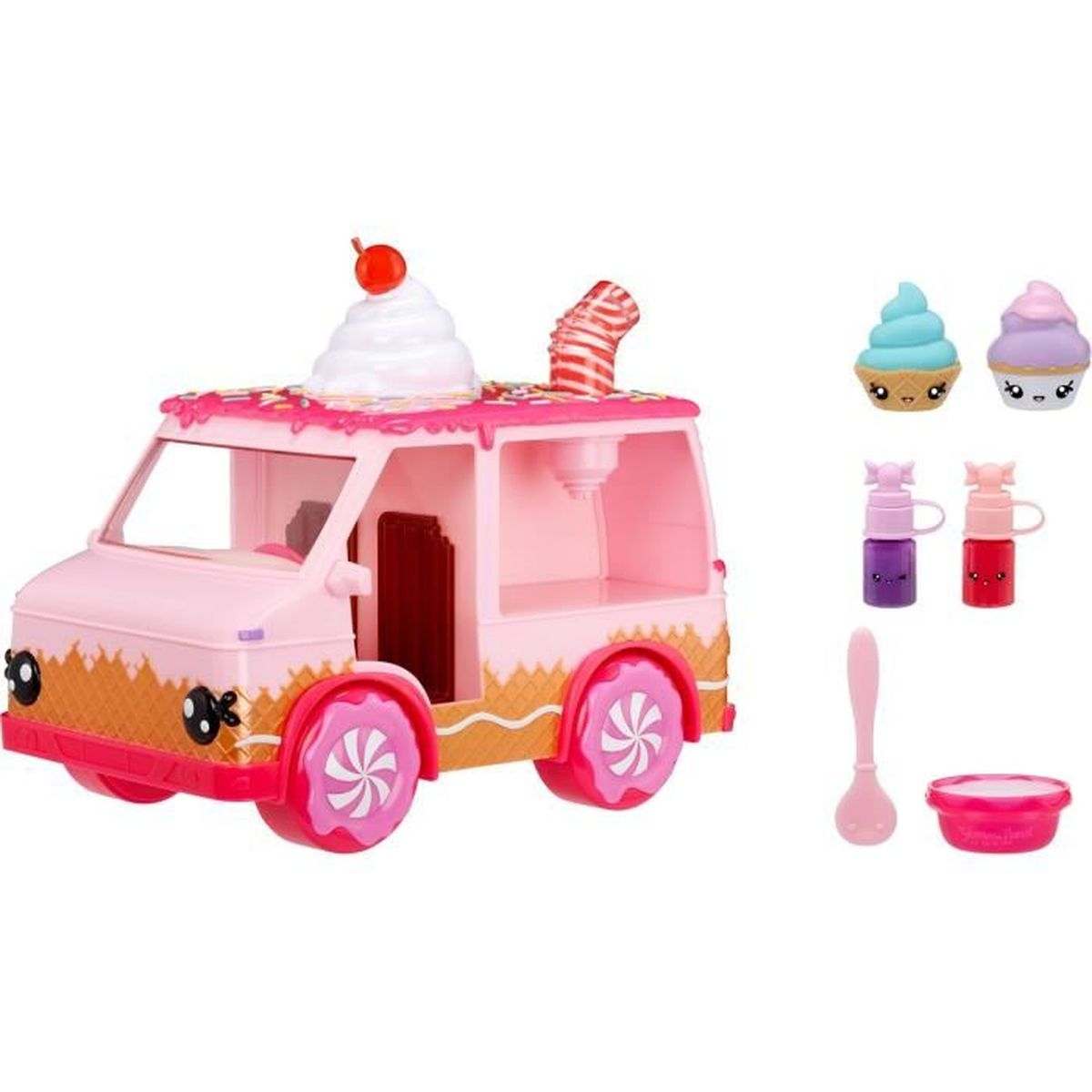 Ein rosa Spielzeug-Eiswagen mit Zubehör: Eiswaffeln, Flaschen, ein Löffel und eine kleine Schüssel. Der Wagen hat oben ein weißes Eis.