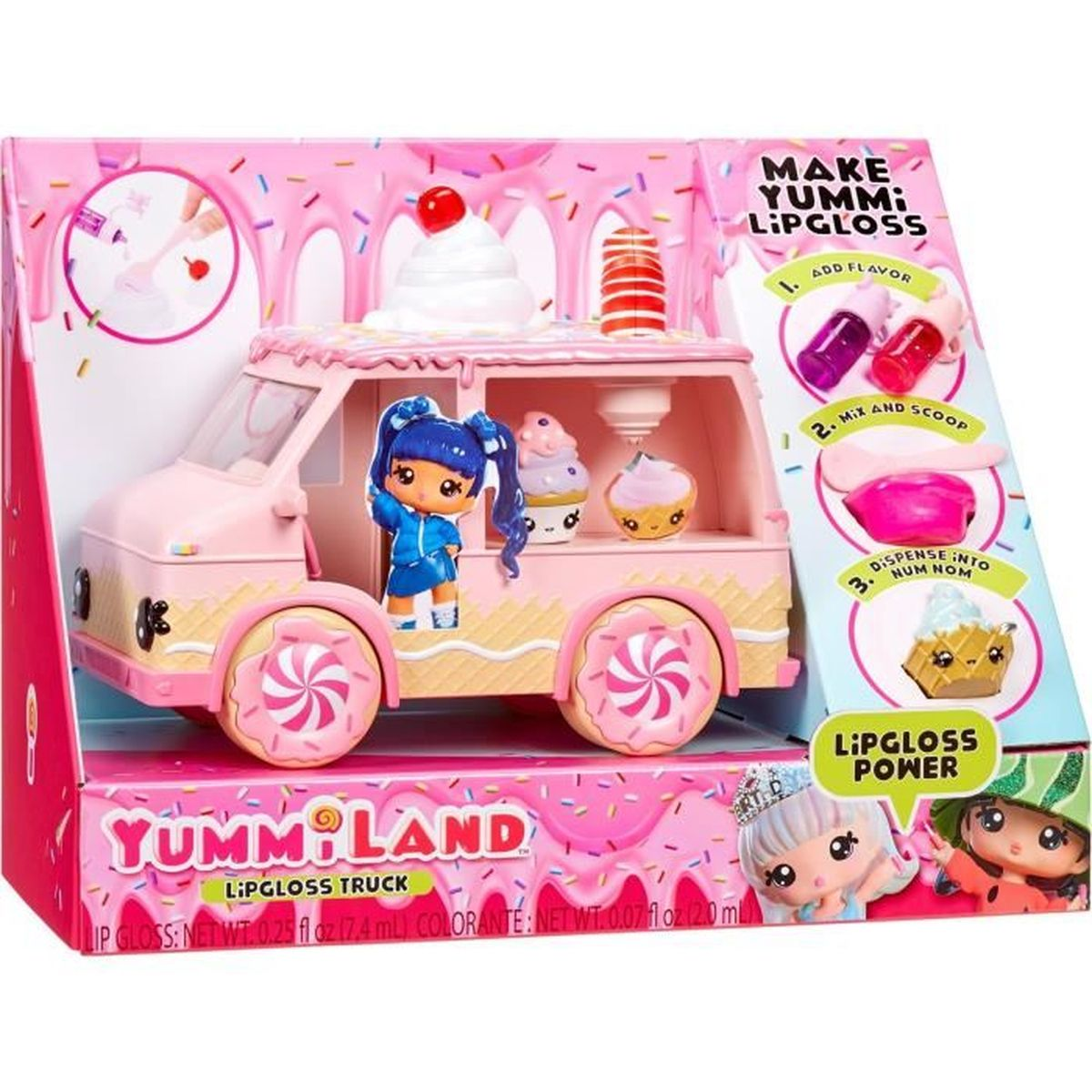 Ein rosafarbener Yummi Lipgloss-Truck mit einer Puppenfigur. Er hat Cupcake-Räder und eine Kirsche oben drauf.