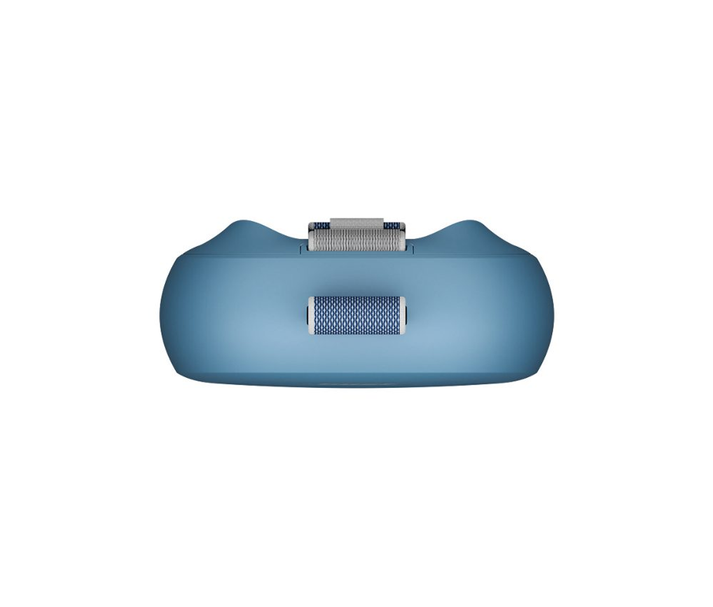 Niebieskie urządzenie z teksturowanym wałkiem i siatkowym obszarem na białym tle.