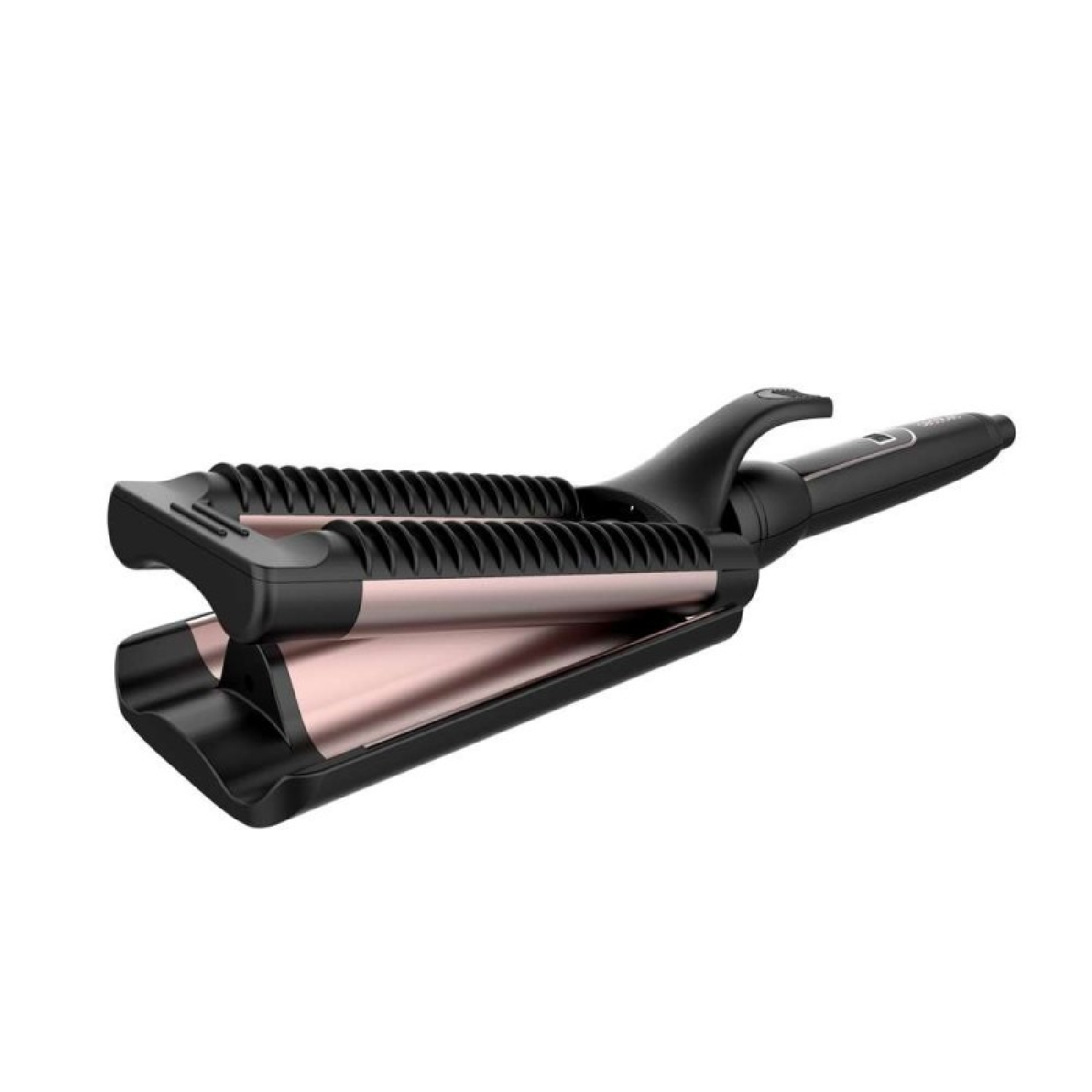Una onduladora de cabello negra y oro rosa, abierta. La onduladora tiene un mango y placas para crear ondas en el cabello.