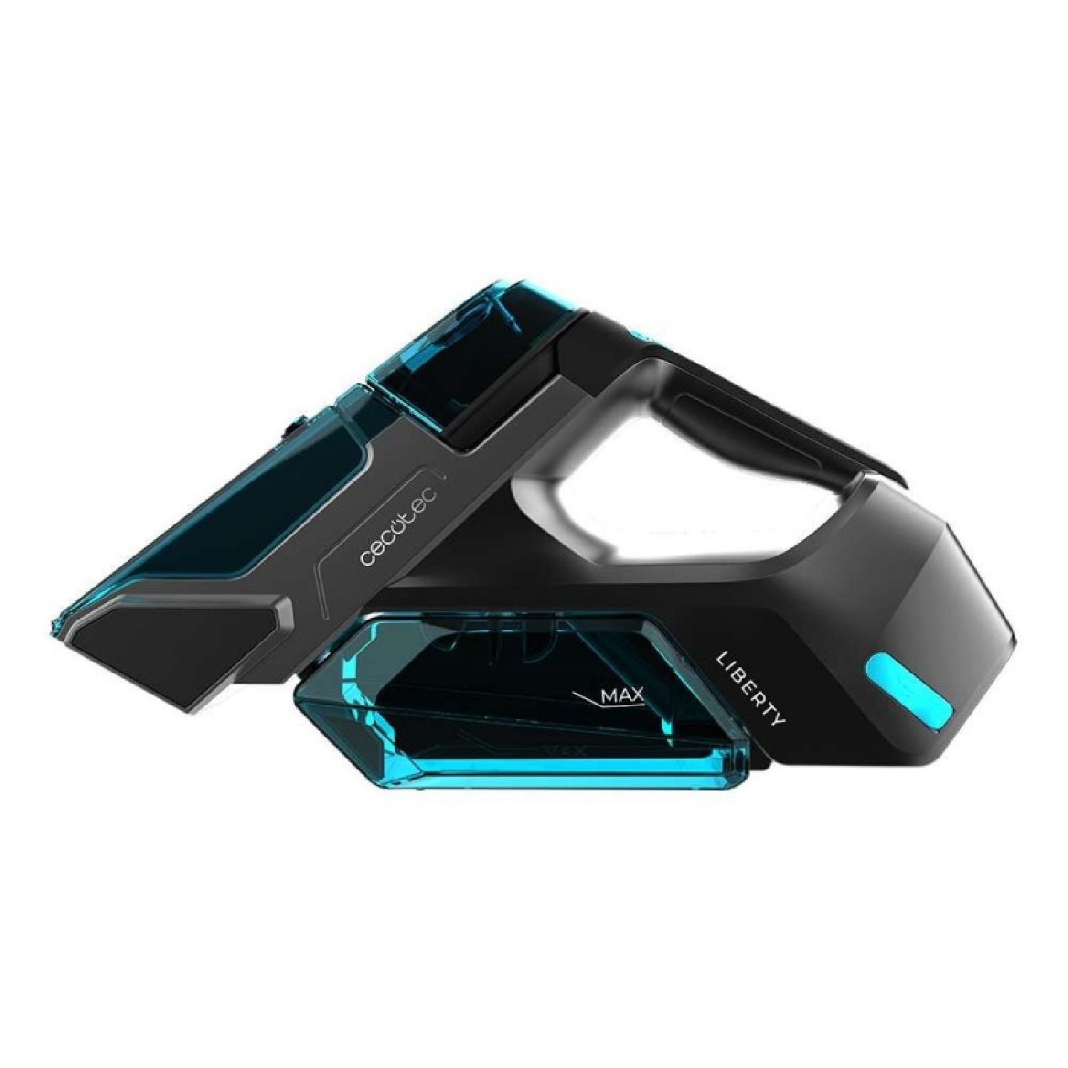 Un aspirapolvere portatile Cecotec Liberty nero e blu. Ha un'impugnatura e un contenitore della polvere trasparente con un segno MAX.