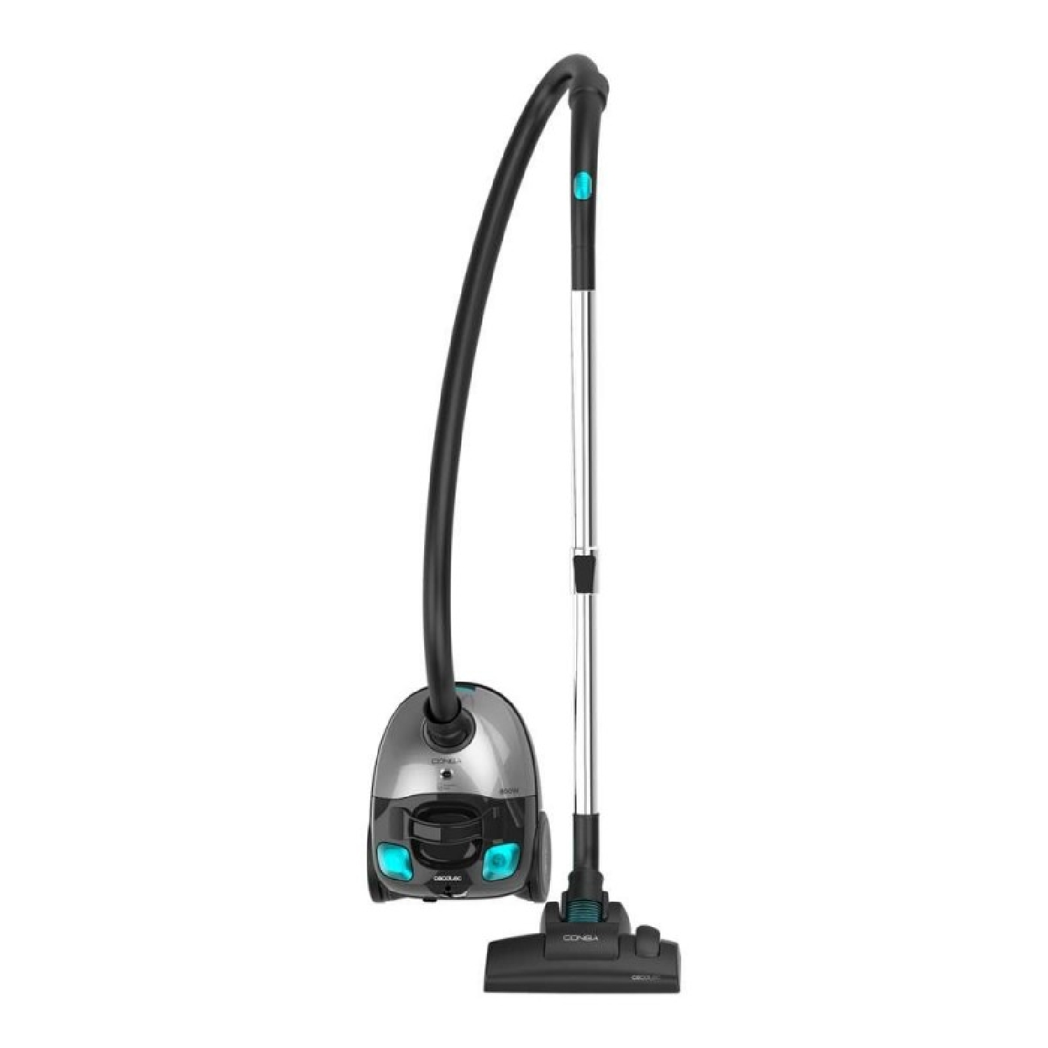 Un moderno aspirapolvere con corpo argentato, tubo e manico neri e testina di pulizia nera. Ha luci blu.