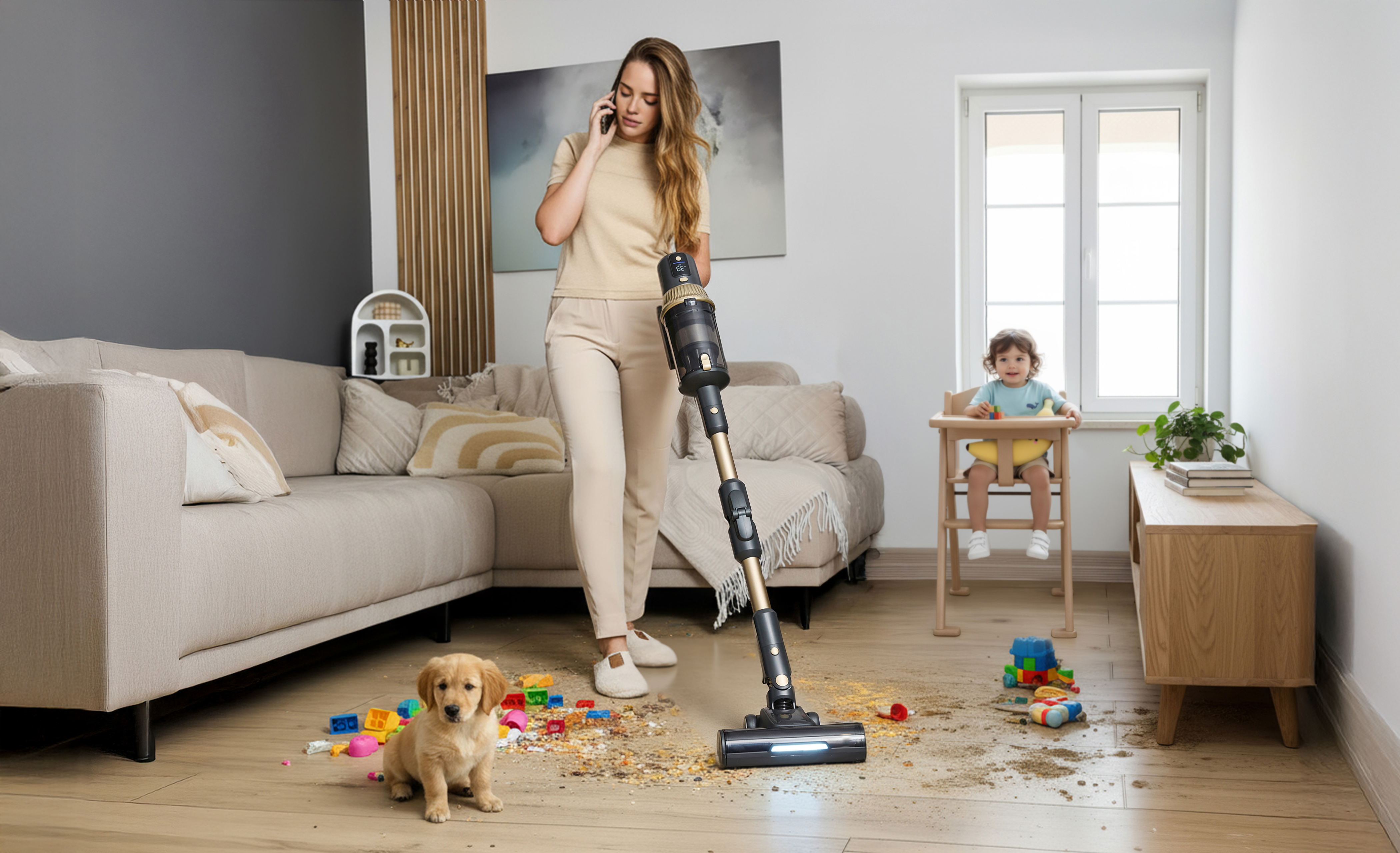 Kobieta odkurza bałagan na podłodze z dzieckiem w krzesełku do karmienia. Szczeniak siedzi wśród zabawek. Rozmawia przez telefon.