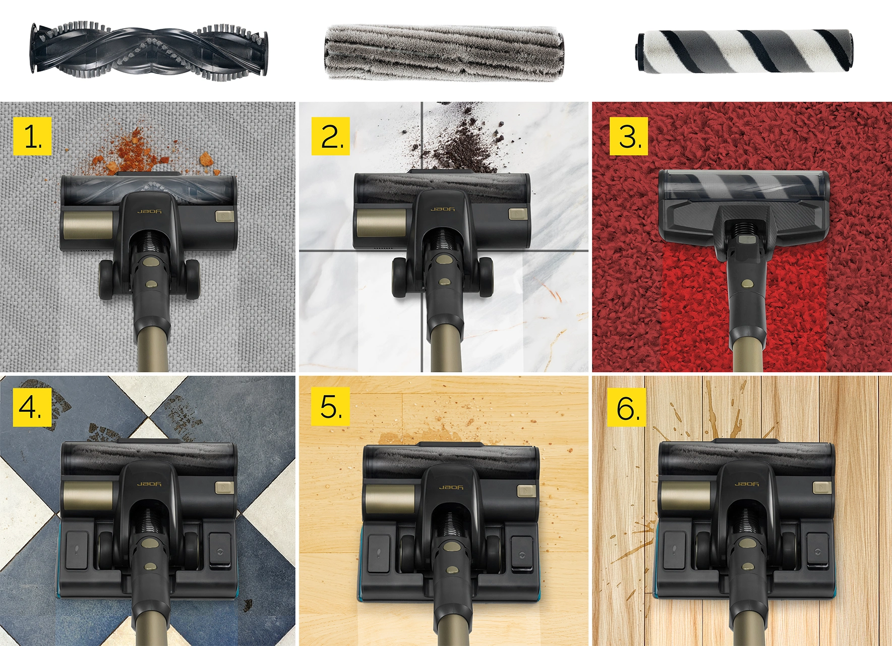 Odkurzacz czyszczący różne powierzchnie: dywan, płytki i drewno. Pokazuje brud i efekty czyszczenia. Zawiera zbliżenia głowic szczotek.