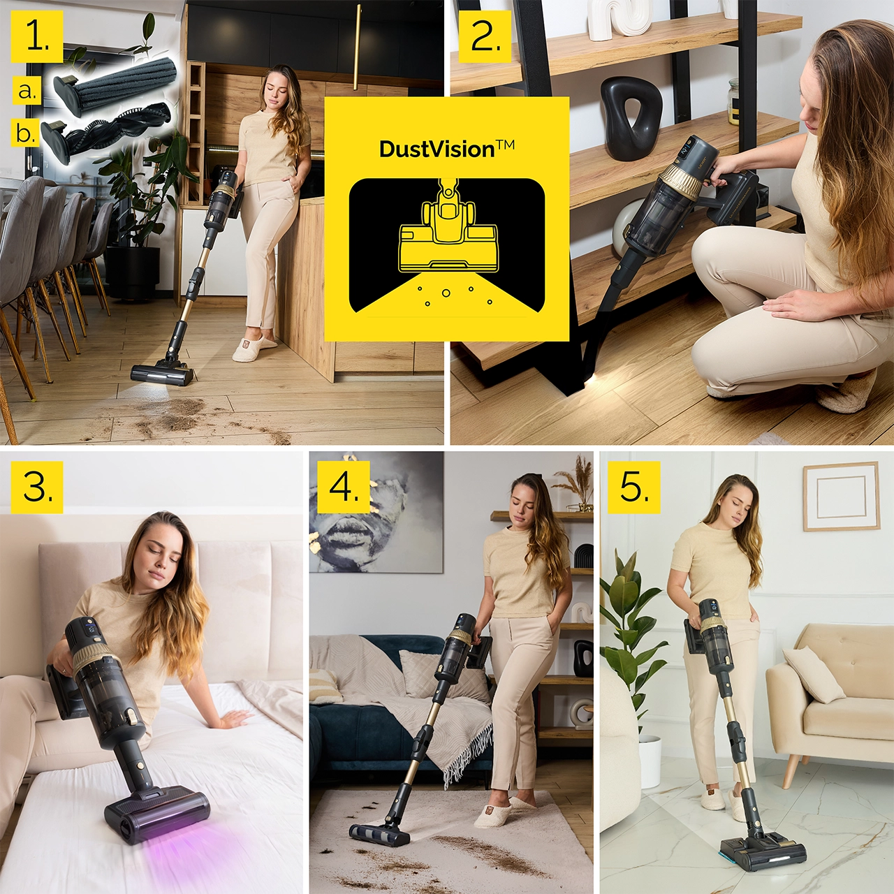 Kobieta demonstruje odkurzacz na różnych powierzchniach: podłodze, łóżku i dywanie. Odkurzacz ma złoto-czarną konstrukcję.