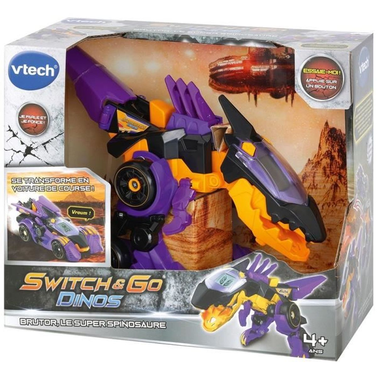 Ein VTech Switch & Go Dinos Spielzeug in einer Schachtel. Es ist ein lila, gelber und schwarzer Dinosaurier, der sich in ein Rennauto verwandelt.