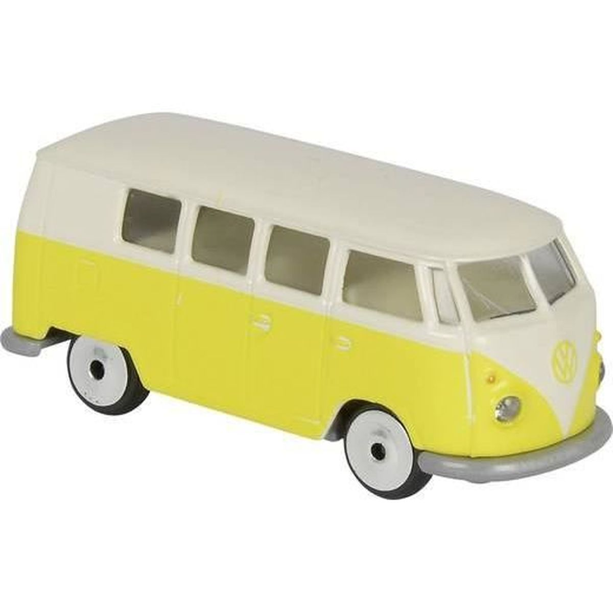 Żółto-biały zabawkowy autobus VW. Ma czarne koła, okna i logo VW. Dach jest biały.