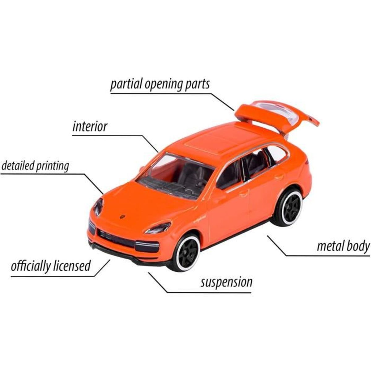 Ein orangefarbenes Spielzeugauto mit geöffnetem Kofferraum. Merkmale sind detaillierter Druck, Metallkarosserie, Federung und offizielle Lizenz.