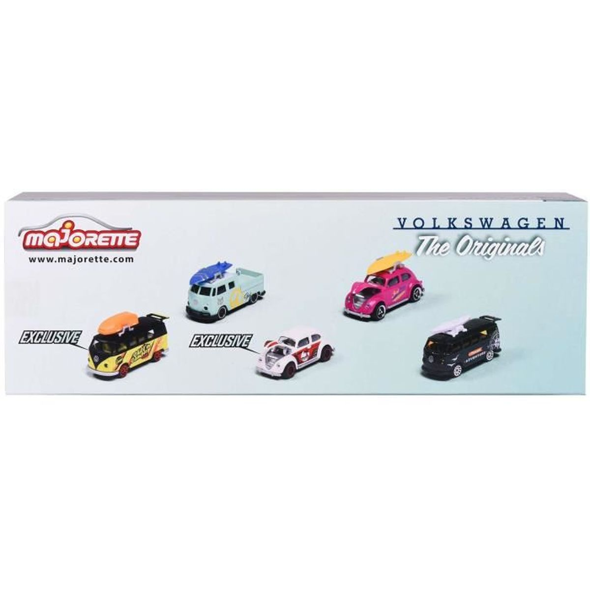 Eine Schachtel mit Spielzeugautos. Fünf Volkswagen-Spielzeugautos werden gezeigt. Sie sind in verschiedenen Farben wie Pink, Blau, Gelb, Schwarz und Weiß gehalten.