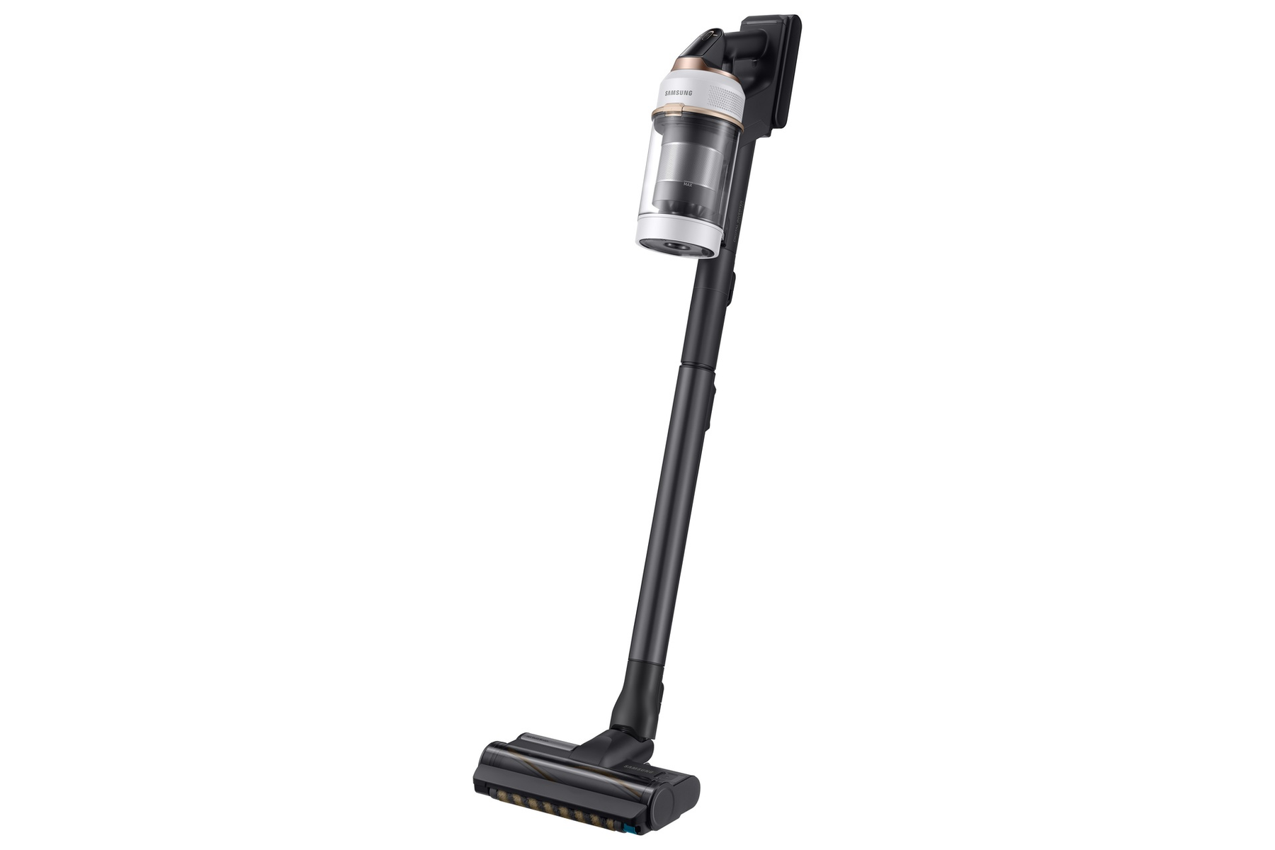 Bezprzewodowy odkurzacz Samsung. Ma czarny uchwyt, srebrny i złoty silnik oraz czarną głowicę szczotki na białym tle.