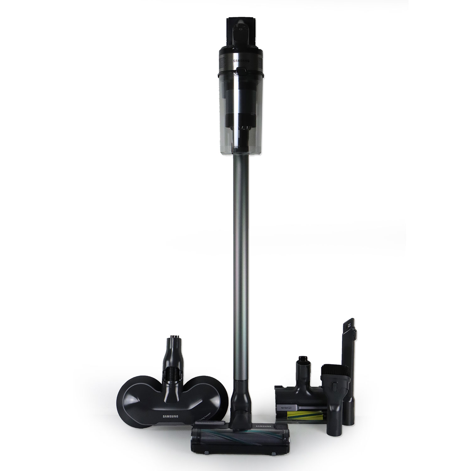 Zdemontowany czarny odkurzacz Samsung i różne akcesoria na białym tle.